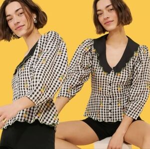 Farm Rio Cottage Linen Blend Peter Pan Collar Gingham Shirt Size Small